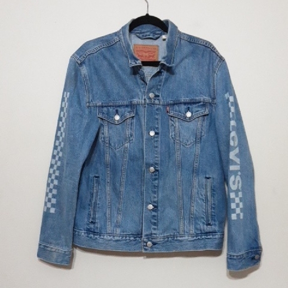 Levi’s Printed Sleeve Trucker denim Jacket Light Wash men L button down y2k - Picture 2 of 12